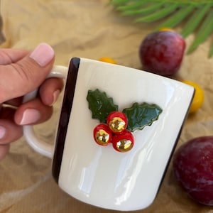 3D Red Berry Christmas Mug: Handmade Ceramic Holiday Coffee Cup
