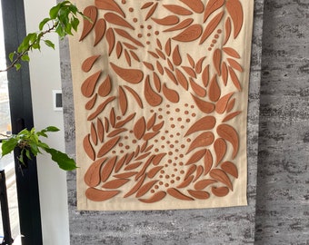 Ceramic wall panel on fabric, handmade naturel units, decorative ornaments for home, boho style home decor, nature themed wall painting