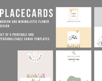 Placecard Set of 5 - Customizable Front and Backside - Template - Modern minimalistic Flower Design