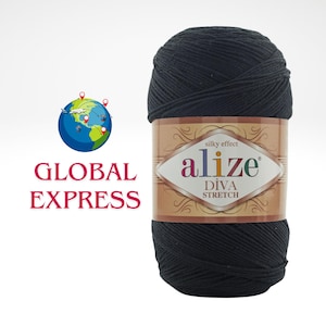 Op de afbeelding: Een zwarte Alize Diva Stretch garenbol. Het etiket leest "silky effect" en toont de merknaam in een ruitvorm. De woorden "GLOBAL EXPRESS" zijn ook zichtbaar.