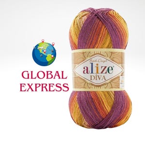 Könnte beinhalten: Ein Knäuel Alize Diva-Garn in Gelb-, Orange- und Lilatönen. Das Garn ist mit einem Etikett mit dem Markennamen versehen. Das Bild enthält auch den Text "GLOBAL EXPRESS" und eine Weltkugelgrafik.