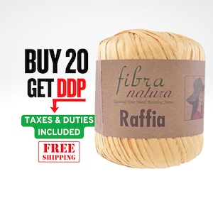 Può includere: Un gomitolo di rafia naturale. L'etichetta recita "fibra natura Raffia". L'immagine include anche il testo "ACQUISTA 20 OTTIENI DDP" e "TASSE E DAZI INCLUSI".