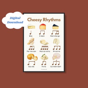 May include: A framed print titled "Cheesy Rhythms" displays watercolour illustrations of cheeses with musical notes. Cheeses include Brie, Gouda, and Feta. A digital download graphic is in the upper left corner.