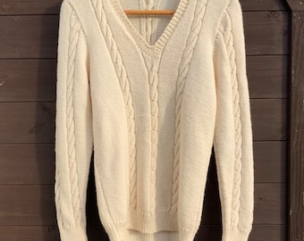 Women's Minimalist Cream Off White Wool Cable knit Jumper Sweater Handmade  Artisan chic spring layering