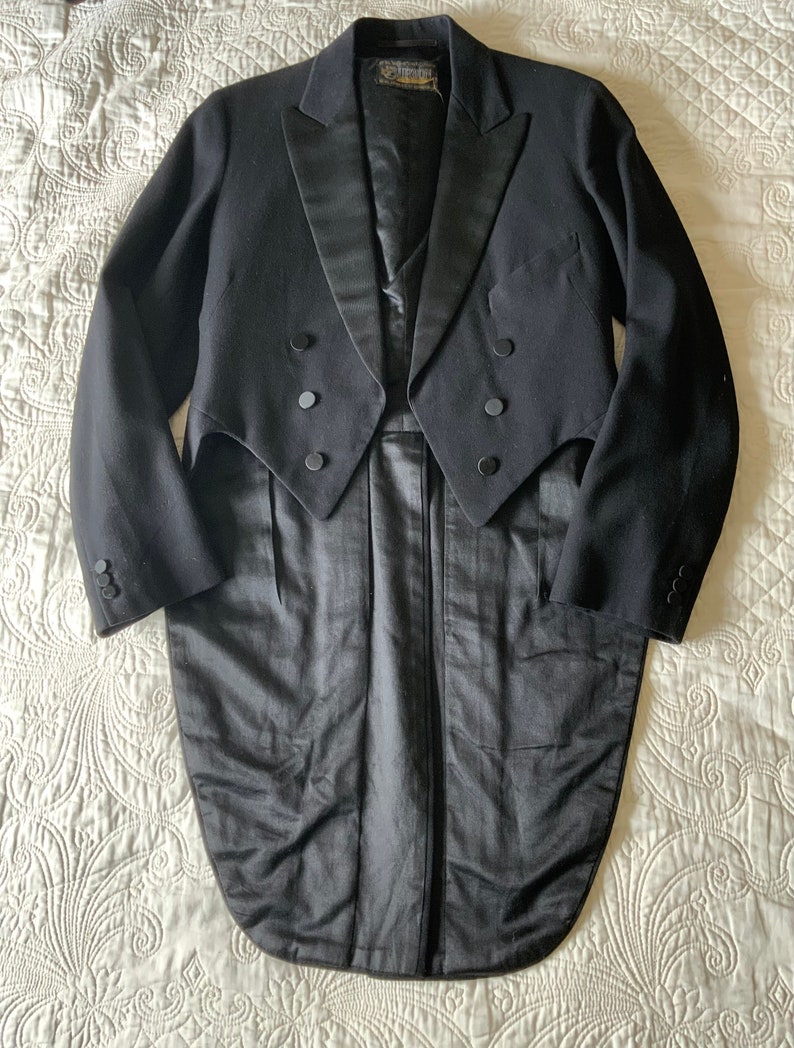 1920s/1930 Burtons vintage penguin tail coat swing coat frock coat dinner suit jacket silk lined fred astaire great gatsby roaring twenties image 1