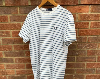 New Spring Summer Fred Perry t shirt striped mod indie striped cotton Breton blue Beach Outdoors Nautical cool crisp white shirt