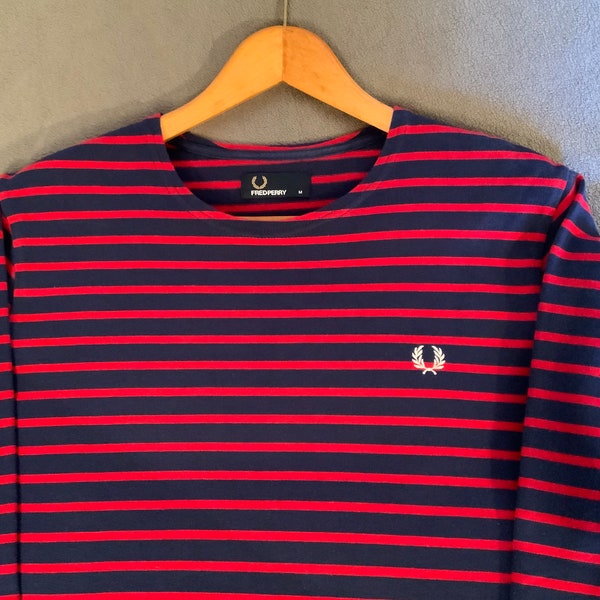 RRP 70GBP Fred Perry Long sleeve Thick Cotton shirt Top spring summer beach artist French stripes Breton Nautical mod indie laurel wreath