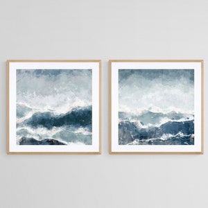 Abstract Seascape Wall Art Set of 2 Prints, Blue Ocean Waves Art for Beach House, 2 Piece Wall Art, Square Coastal Artwork for Living Room