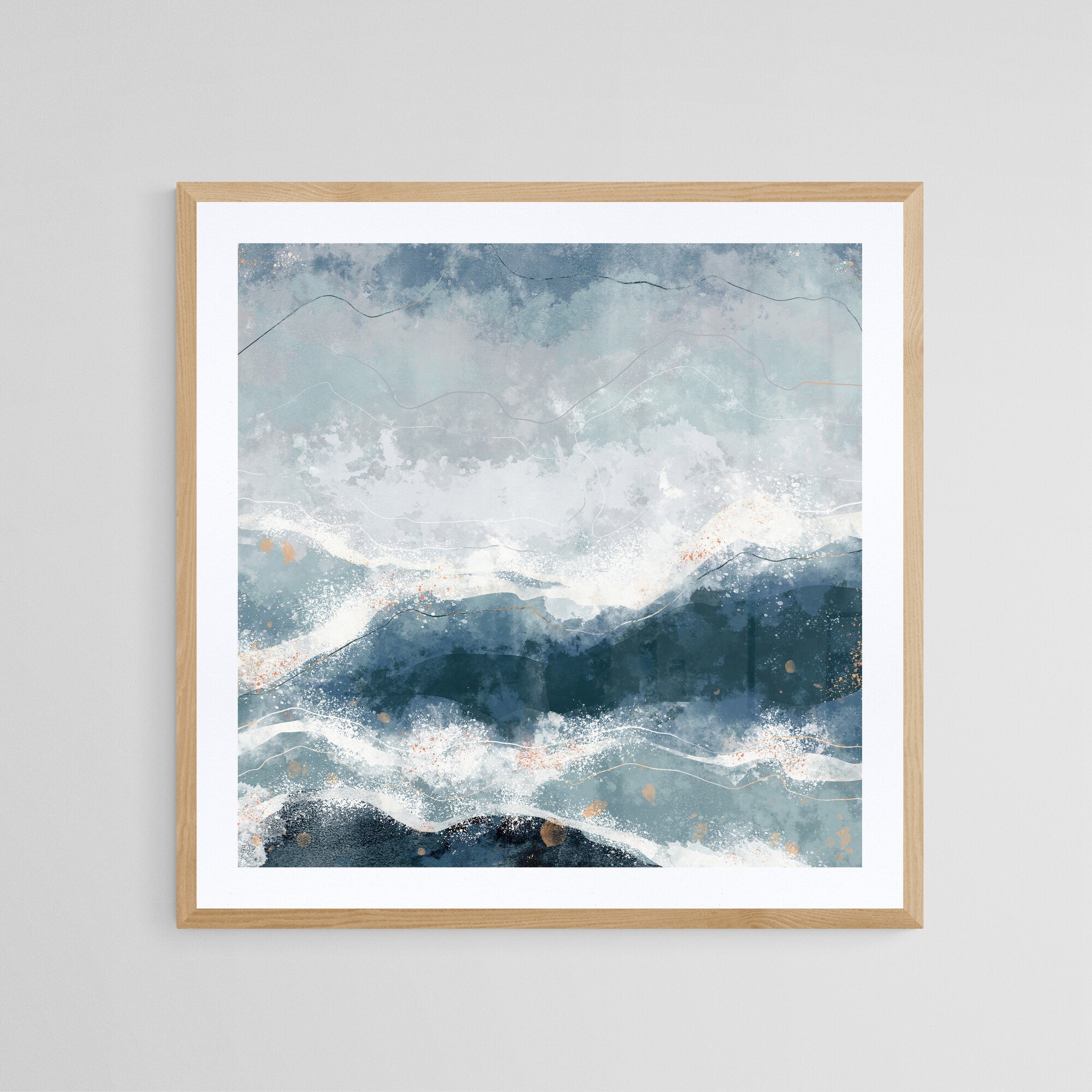 Abstract Coastal Prints, Blue Ocean Waves Wall Art Set of 2 Prints