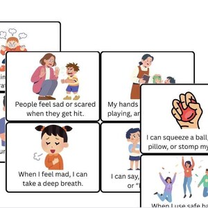 May include: A set of illustrated cards with text, designed as a social story. The cards cover topics such as managing emotions and safe behaviours, including "Hands are not for Hitting" and "When I feel mad, I can take a deep breath."