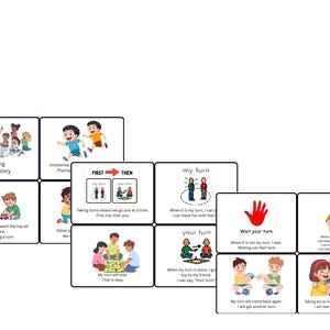 May include: A set of social story cards with illustrations and text. The cards cover topics like sharing, taking turns, and waiting. The illustrations feature children in various social situations, with text like "my turn" and "wait your turn".
