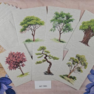 May include: A collection of art prints displaying watercolour illustrations of diverse trees. The prints depict trees with green and red leaves, and distinctive trunk forms. The text "SET TWO" is printed on a small white card.