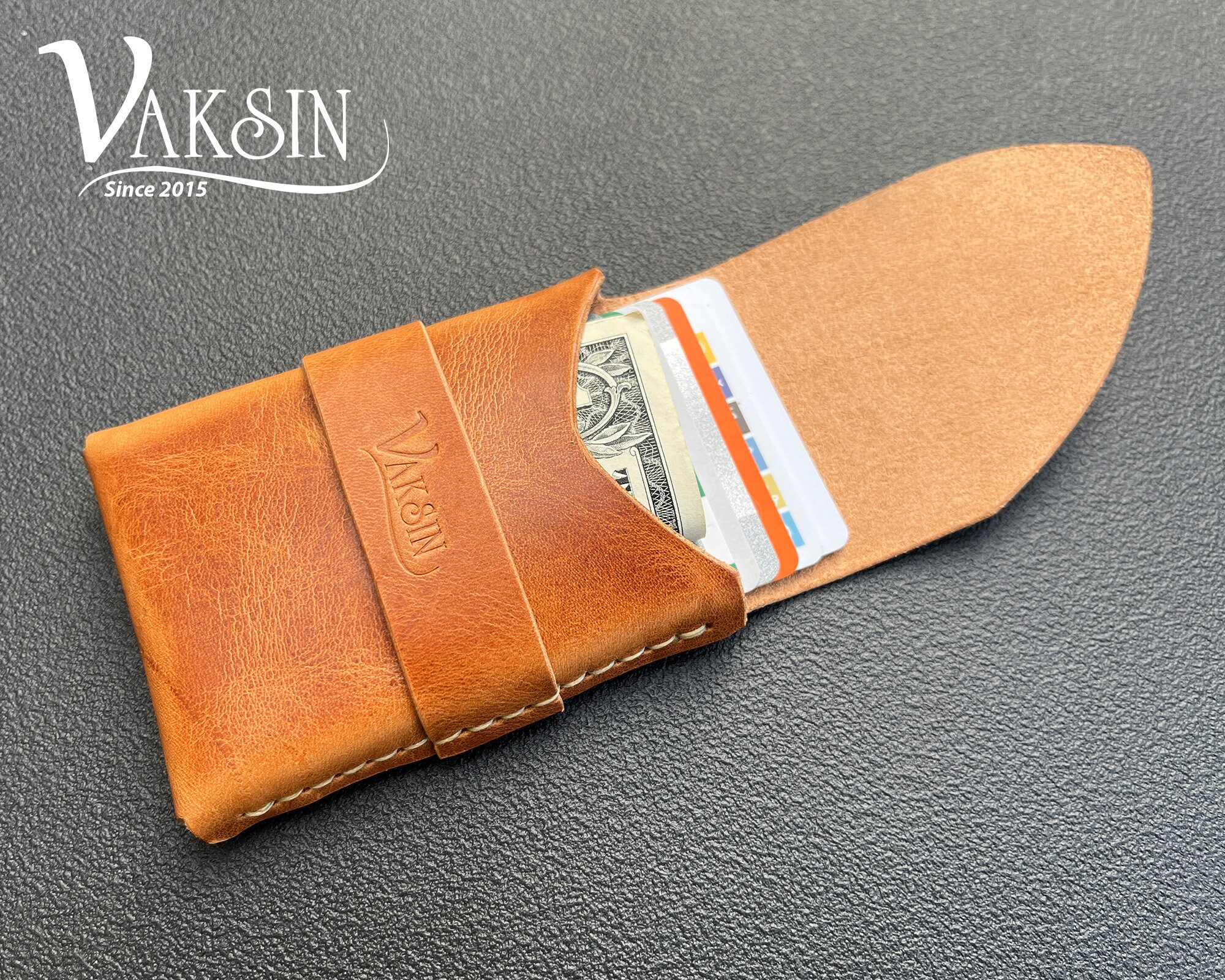 Handmade Leather Minimalist Wallet / Cognac Vegetable Tanned Leather