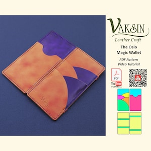 May include: A leather wallet pattern with a tutorial. The Oslo Magic Wallet is made of brown and purple leather. The pattern includes a PDF and a YouTube video tutorial.