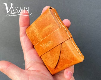 Handmade Leather Minimalist Wallet / Cognac Vegetable Tanned Leather From Italy/Saddle Stitched/ Best Gift For Him & Her/Vaksin Leathercraft