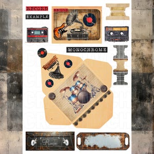 May include: A printable digital paper pack with a rock and roll theme. The pack includes images of a vintage record player, a cassette tape, a drum set, and a guitar. The paper pack also includes a title card that says "Rock" and a blank title card. The paper pack is perfect for scrapbooking, card making, and other paper crafts.