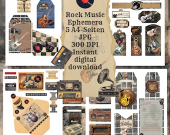 Rock Music, Ephemera, Tags, Pockets, 5 A4 pages, JPG, 300 DPI, instant download, for journaling, scrapbooking, card making