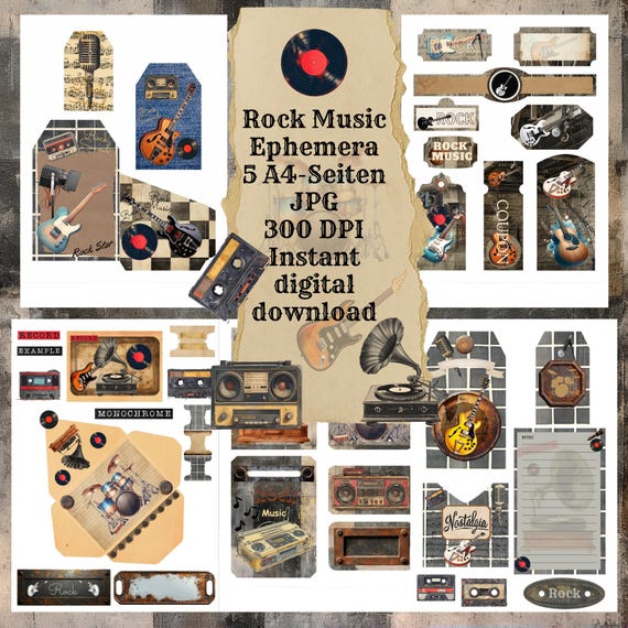 Rock Music, Ephemera, Tags, Pockets, 5 A4-Seiten, JPG, 300 DPI, instant download, für journaling, scrapbooking, card making