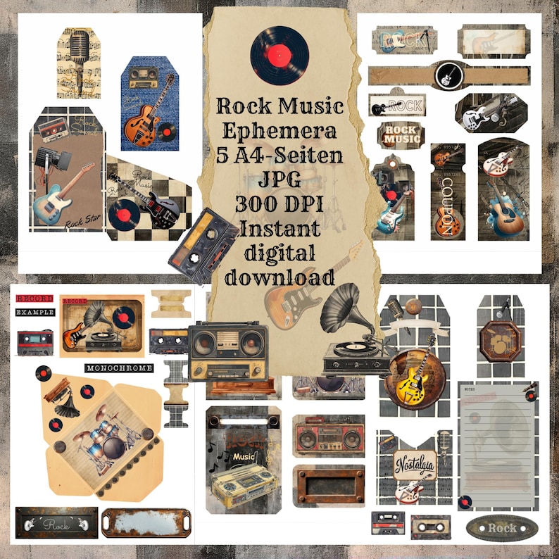 May include: Digital printable rock music ephemera with 5 A4 pages, 300 DPI, instant download.  The digital paper pack includes images of guitars, microphones, record players, cassette tapes, and music notes.  The images are in black and white and color.