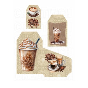 May include: Four printable gift tags featuring coffee drinks and coffee beans. The tags are beige with a distressed look and feature a latte, iced coffee, cappuccino, and a cup of coffee.