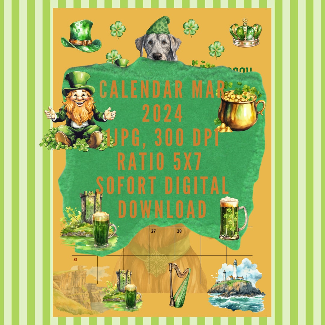 Calendar March 2024, St.patrick's Day, Instant Digital Download, 1 JPG