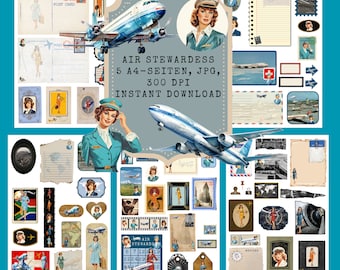 Air Stewardess, Ephemera, 5 A4 pages, JPG, 300 DPI, Instant download