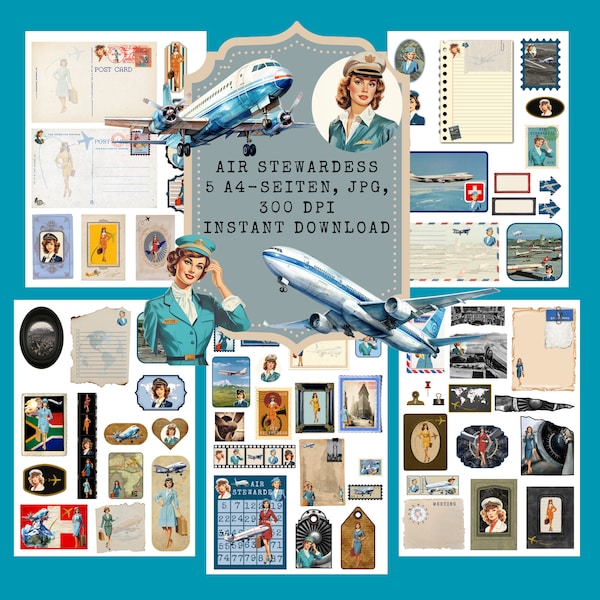 Air Stewardess, Ephemera, 5 A4-Seiten, JPG, 300 DPI, Instant download