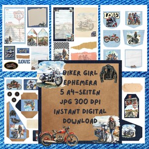 Biker Girl Ephemera, 5 pagine A4, JPG, 300 DPI, download digitale immediato, per diario spazzatura, ritagli, creazione di biglietti