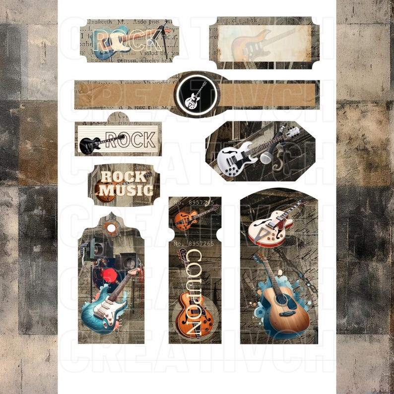 May include: A set of printable digital tags featuring a rock and roll theme. The tags feature various images of guitars, musical notes, and the words "Rock" and "Rock Music".