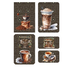 May include: Four digital illustrations of coffee-themed images. The first image shows a vintage coffee grinder with coffee beans. The second image shows a tall iced coffee drink with whipped cream. The third image shows a coffee shop storefront with plants. The fourth image shows a cup of coffee with coffee beans.
