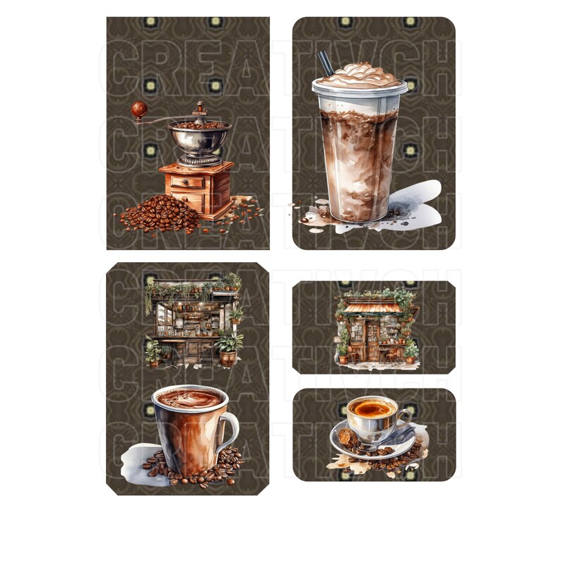 May include: Four digital illustrations of coffee-themed images. The first image shows a vintage coffee grinder with coffee beans. The second image shows a tall iced coffee drink with whipped cream. The third image shows a coffee shop storefront with plants. The fourth image shows a cup of coffee with coffee beans.