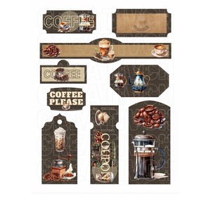 May include: A set of printable coffee themed gift tags. The tags feature various coffee related images, including coffee beans, coffee cups, coffee makers, and coffee grinders. The tags are brown with white text and are perfect for adding a personal touch to your gifts.