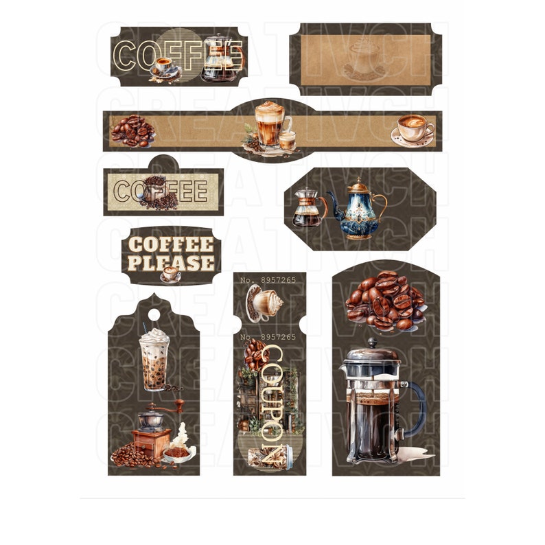 May include: A set of printable coffee themed gift tags. The tags feature various coffee related images, including coffee beans, coffee cups, coffee makers, and coffee grinders. The tags are brown with white text and are perfect for adding a personal touch to your gifts.