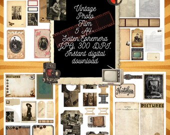 Vintage Photo Film, Ephemera, Notes, 5 A4 pages, JPG, 300 DPI, Instant digital download