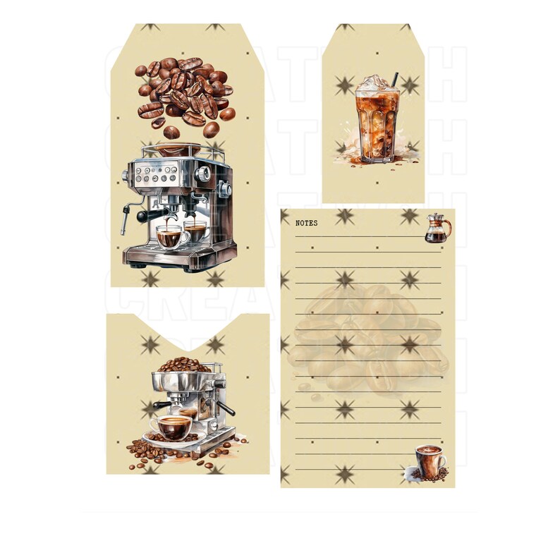 May include: Four printable gift tags with a coffee theme. The tags feature a coffee maker, coffee beans, a cup of iced coffee, and a carafe of coffee. The tags have a beige background with a brown star pattern.