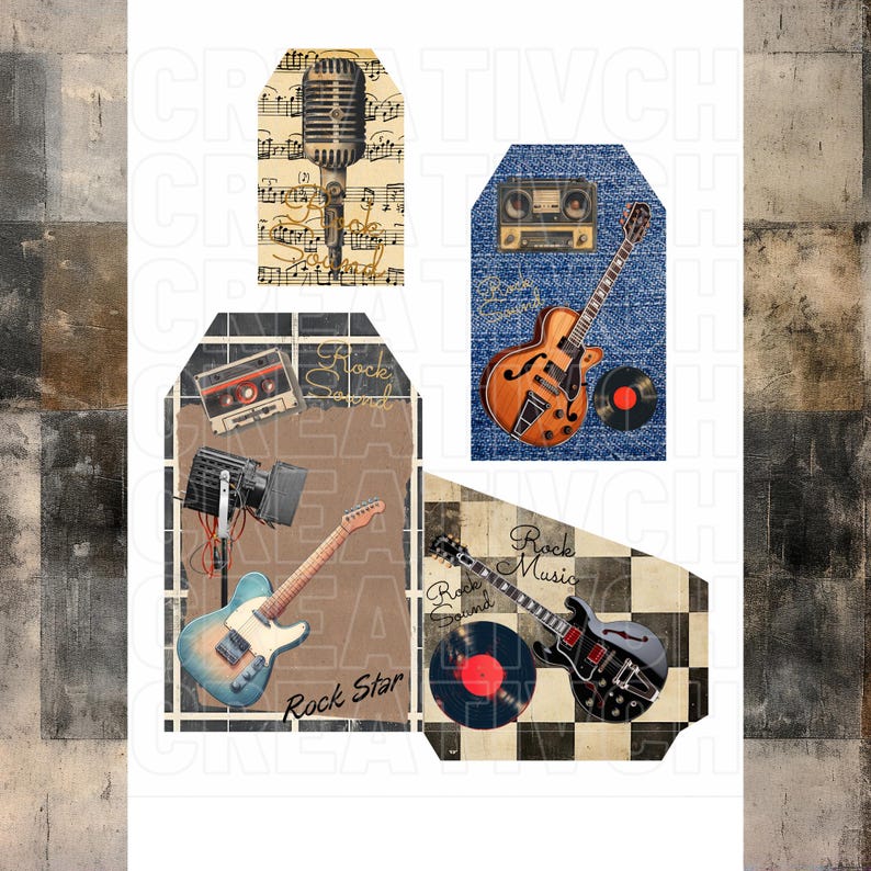 May include: Four gift tags with a rock and roll theme. The tags feature a microphone, a guitar, a cassette tape, and a guitar with the words "Rock Music" and "Rock Sound".