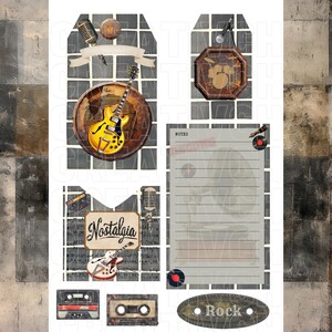 May include: A set of printable digital scrapbook paper with a vintage rock and roll theme. The papers feature a guitar, a microphone, a drum set, and a cassette tape. The papers are in shades of brown, gray, and black.