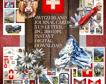 Switzerland Journal Cards, 5 US letters, JPG, 300 DPI, Instant Digital Download