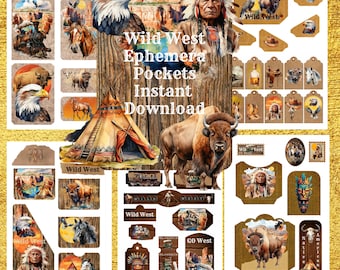 Wild West, Ephemera, Tags, Pockets, 5 A4 pages, JPG, 300 DPI, instant download, for journaling, scrapbooking, card making