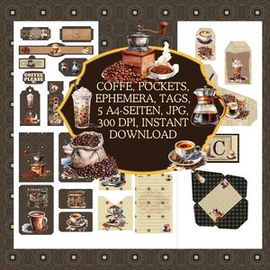 Coffee Pockets, Ephemera, Tags, 5 A4-Seiten, JPG, 300 DPI, instant digital download, for junk journal, scrap, card making
