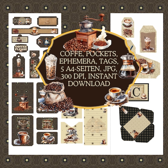 Coffee Pockets, Ephemera, Tags, 5 A4-Seiten, JPG, 300 DPI, instant digital download, for junk journal, scrap, card making