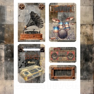 May include: A digital collage of vintage music equipment, including a gramophone, a drum set, a boombox, and a cassette player. The background is a distressed, textured surface with a grunge aesthetic.