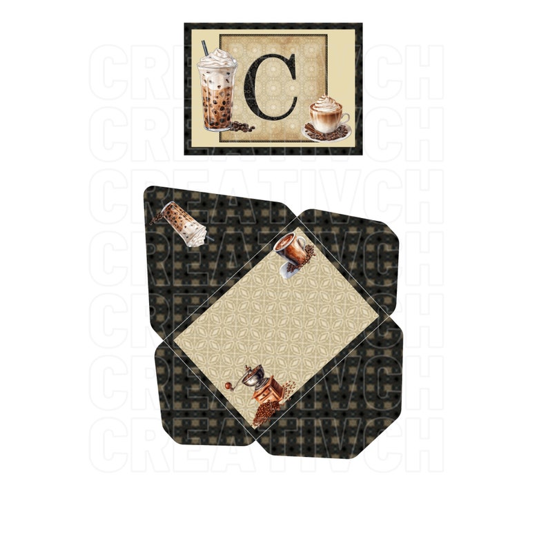 May include: A printable envelope template with a coffee theme. The envelope is decorated with a coffee grinder, coffee cups, and coffee beans. The envelope is labeled with the letter "C".
