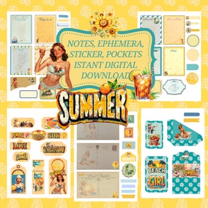 Efímeras de sol de verano, etiquetas, bolsillos, postales, tarjetas de diario, descarga digital instantánea