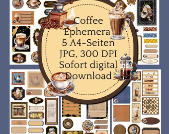 Coffee Ephemera, 5 A4 pages, JPG, 300 DPI, instant digital download