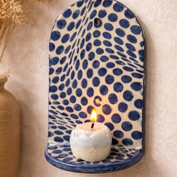 Handmade Mediterranean Ceramic Wall Candle Holder – Blue & White Wall Sconce