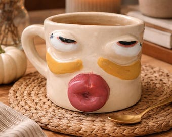 Handmade Ceramic Lips Mug – Sculpted Red Kiss Coffee Cup, Statement Pottery Art