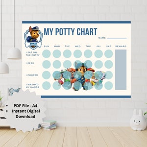 以下が含まれることがあります： パウパトロール のキャラクターが描かれた、青と白の印刷可能なトイレトレーニングチャート。チャートには、週の曜日ごとにスペースがあり、報酬セクションがあります。チャートのテキストには、「私のトイレトレーニングチャート」、「チェイス」、「トイレに座りました」、「おしっこをしました」、「うんちをしました」、「手を洗いました」、「日」、「月」、「火」、「水」、「木」、「金」、「土」、「報酬」、「名前」と記載されています。
