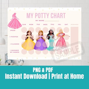 May include: A rectangular potty training chart with the text MY POTTY CHART, MY NAME, days of the week, and tasks including I PEED, I POOPED, I FLUSHED, and I WASHED MY HANDS. The chart features four illustrated princesses in colorful gowns.