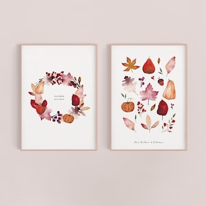 Lot de 2 affiches A4 d'Automne | Décoration d'automne murale champêtre | Impression aquarelle artisanale